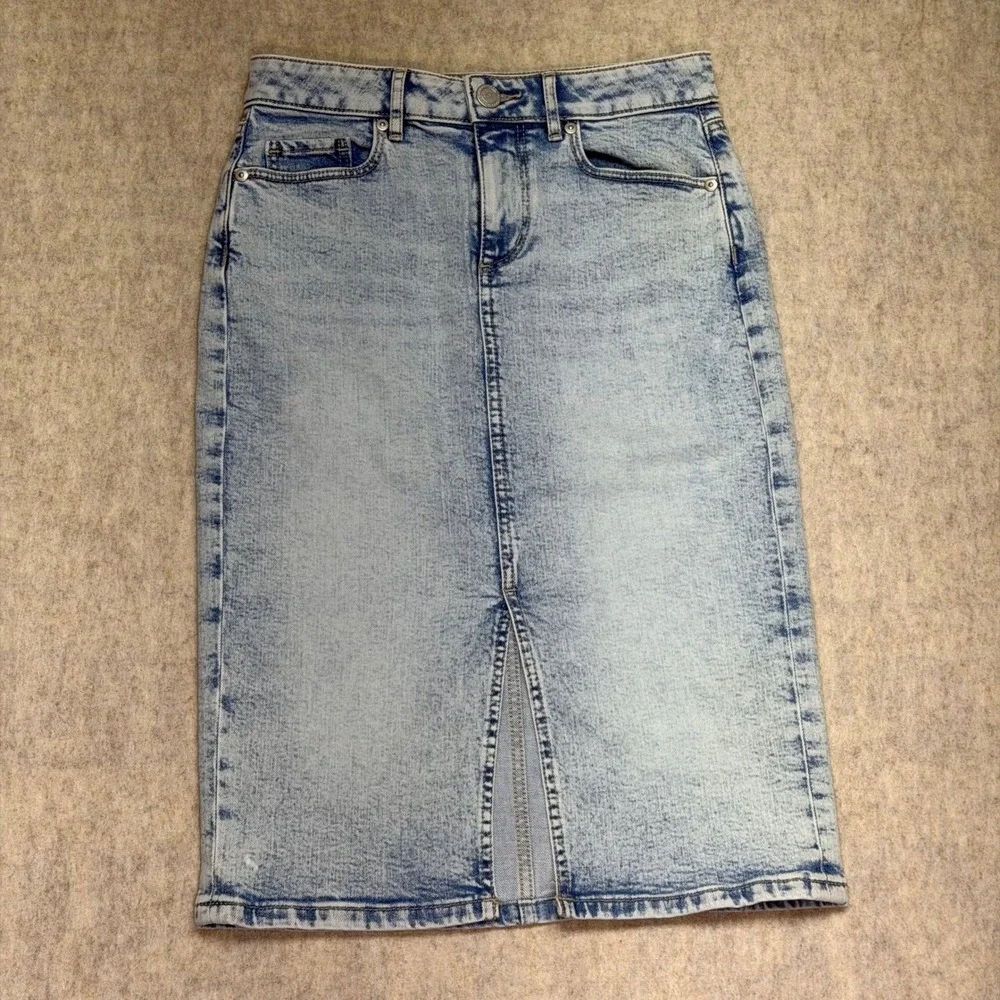 LOFT Acid Wash Denim Midi‎ Skirt Front Slit Pencil Jean Light Blue Size 0P Retro